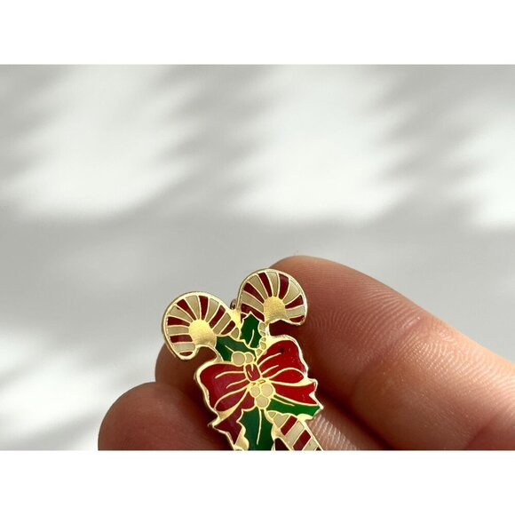 Gold Toned Bowtie Crossed Candy Cane Christmas Holiday Brooch Pin - Picture 7 of 7